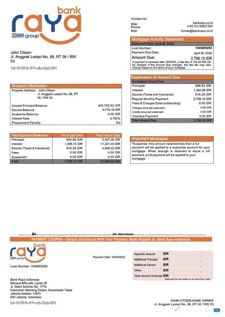 Download Indonesia Bank Raya Indonesia mortgage statement Word and PDF template Photoshop template